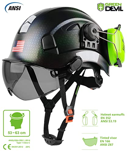 Safety Helmet Hard Hat with Visor and Ear Protection Adjustable Lightweight Vented ABS Work Helmet 6-Point Suspension T7409