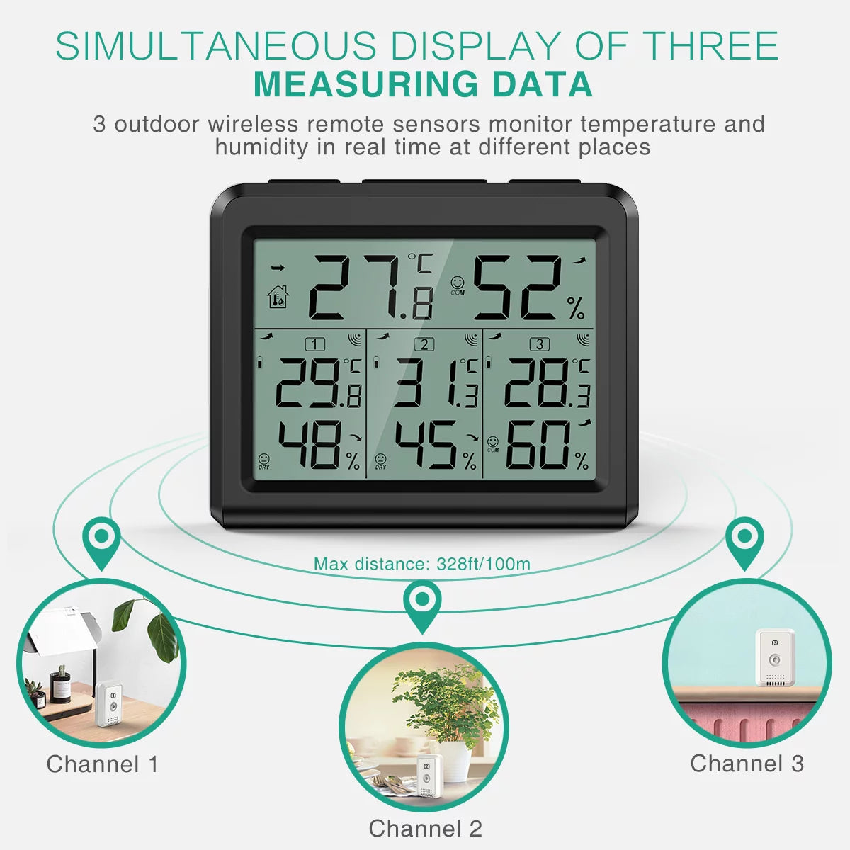 Black Digital Thermometer with 3 Wireless Sensors F79980
