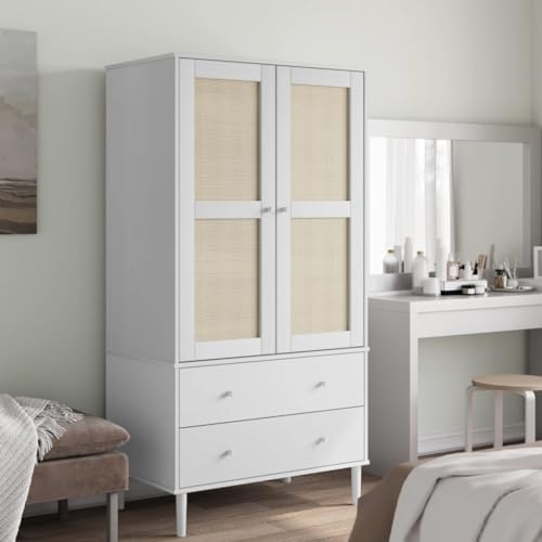 White Solid Pine Wood Wardrobe with Rattan Look Design N5729