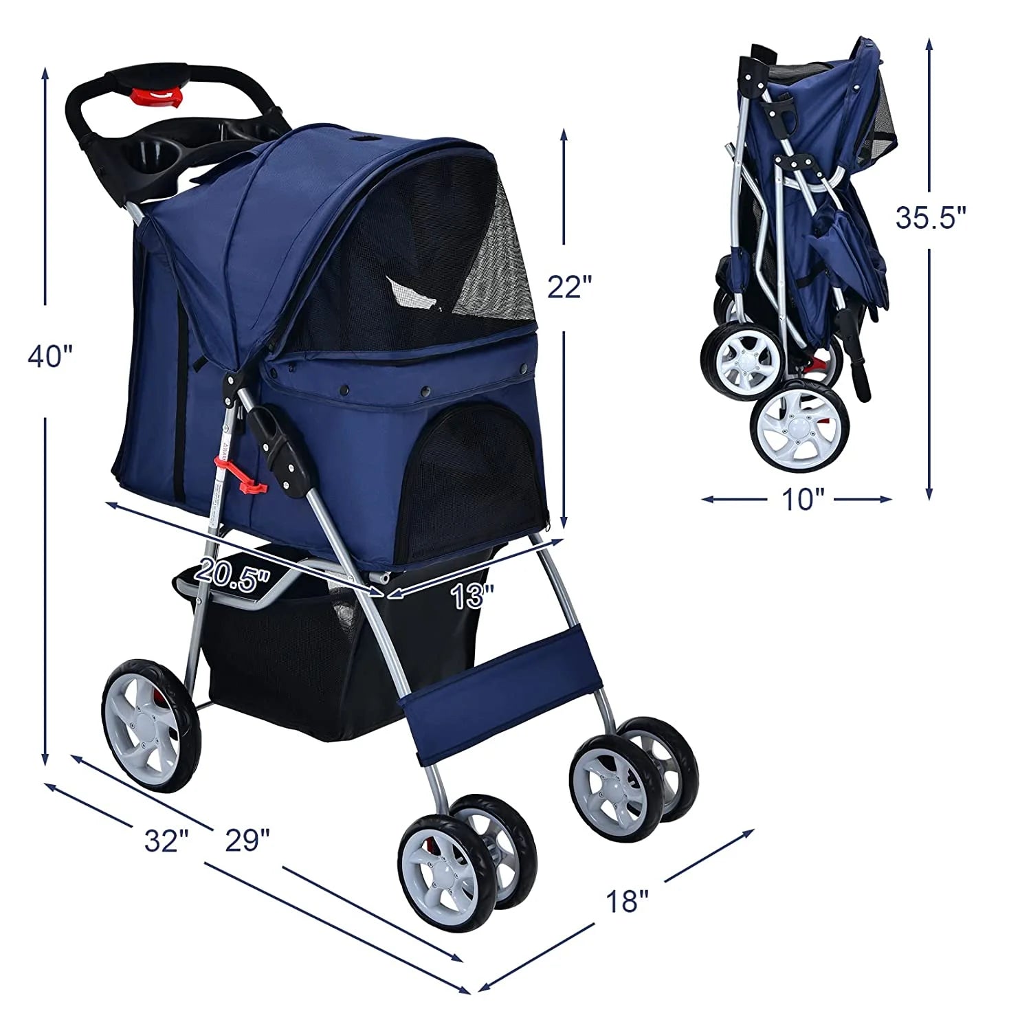 Navy Pet Stroller with 4 Lockable Wheels and Removable Liner R801
