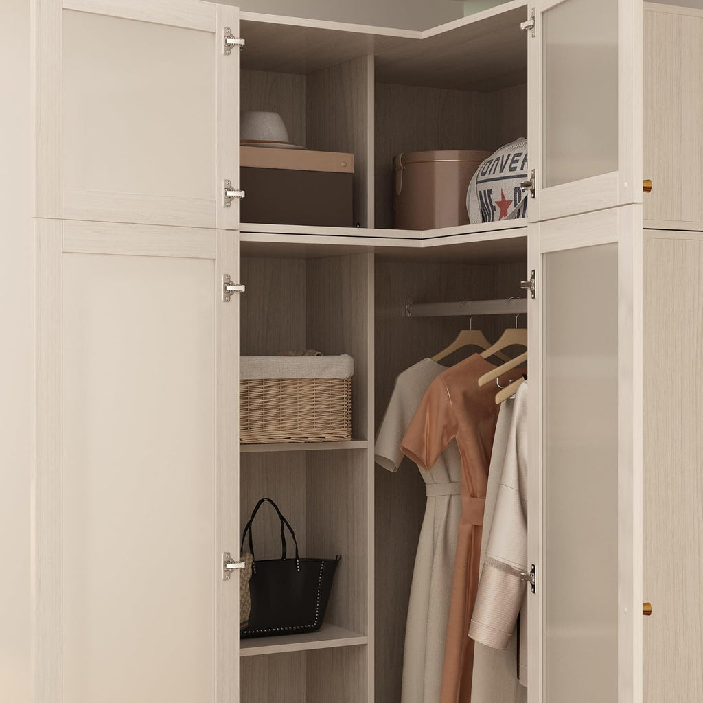 L-Shape Armoire Wardrobe Closet with Frosted Glass Doors, Wooden Storage Cabinet, Warm Grey T792895
