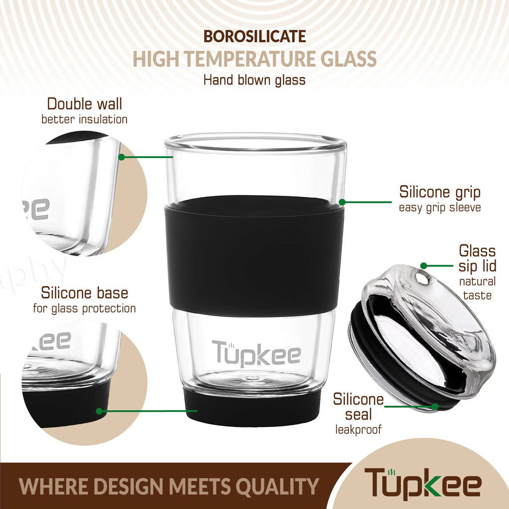 Black 8-Ounce Double Wall Glass Tumbler with Lid C35106