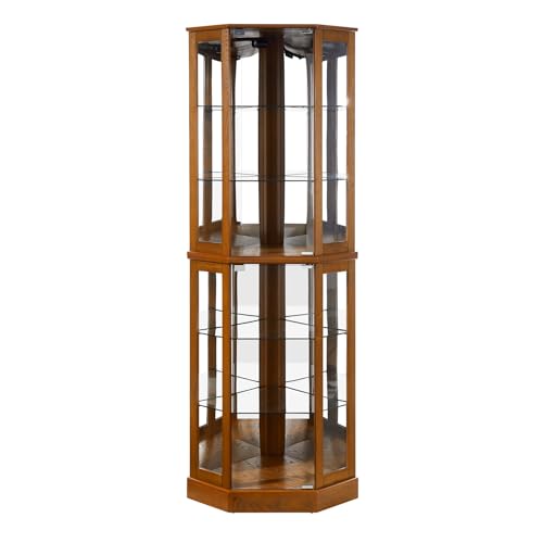 Lighted Corner Display Curio Cabinet 6-Shelf Wooden Display Cabinet with Adjustable Shelves 72" Tall Glass Shelving Unit Walnut W360164