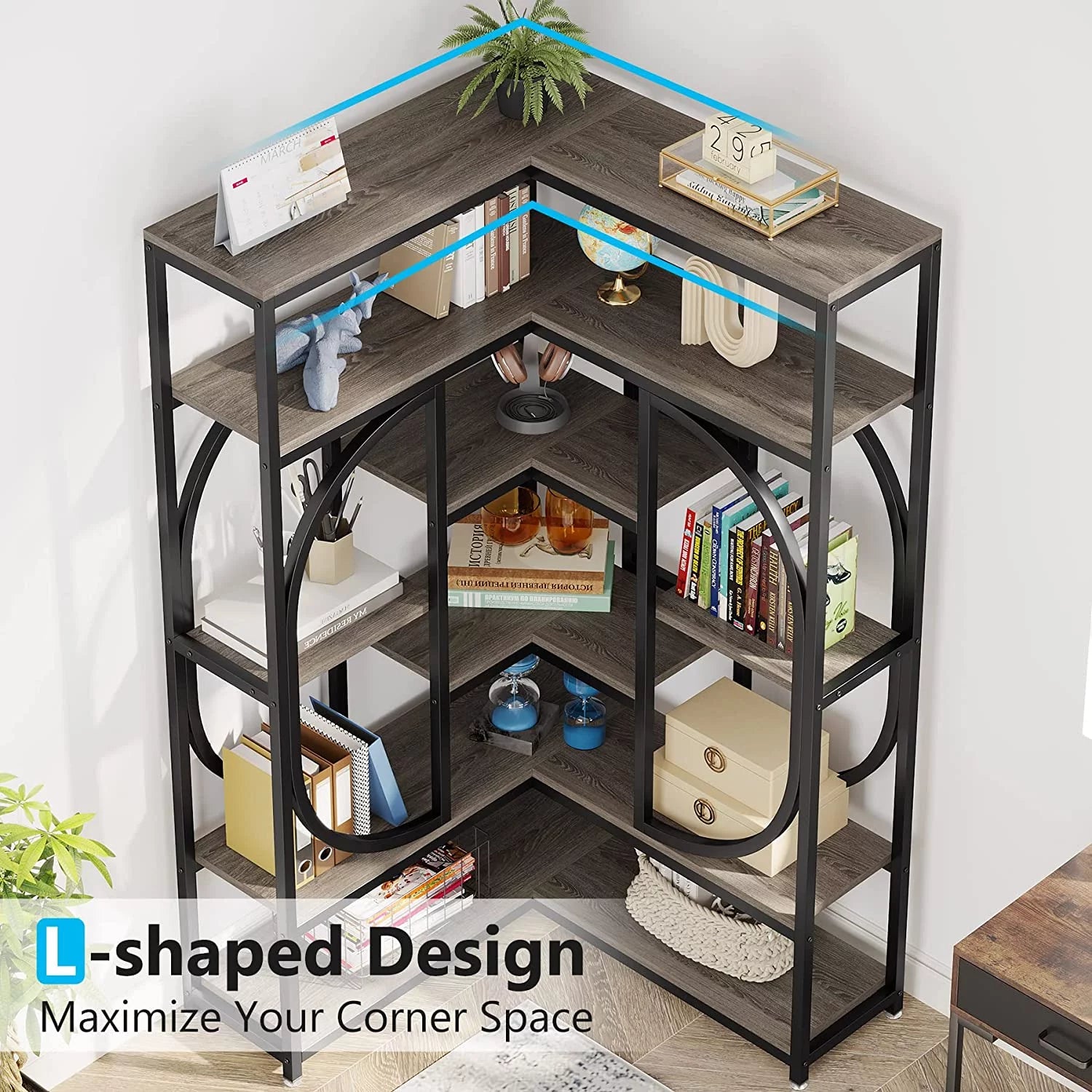 7-Shelf Corner Bookshelf with Metal Frame L710