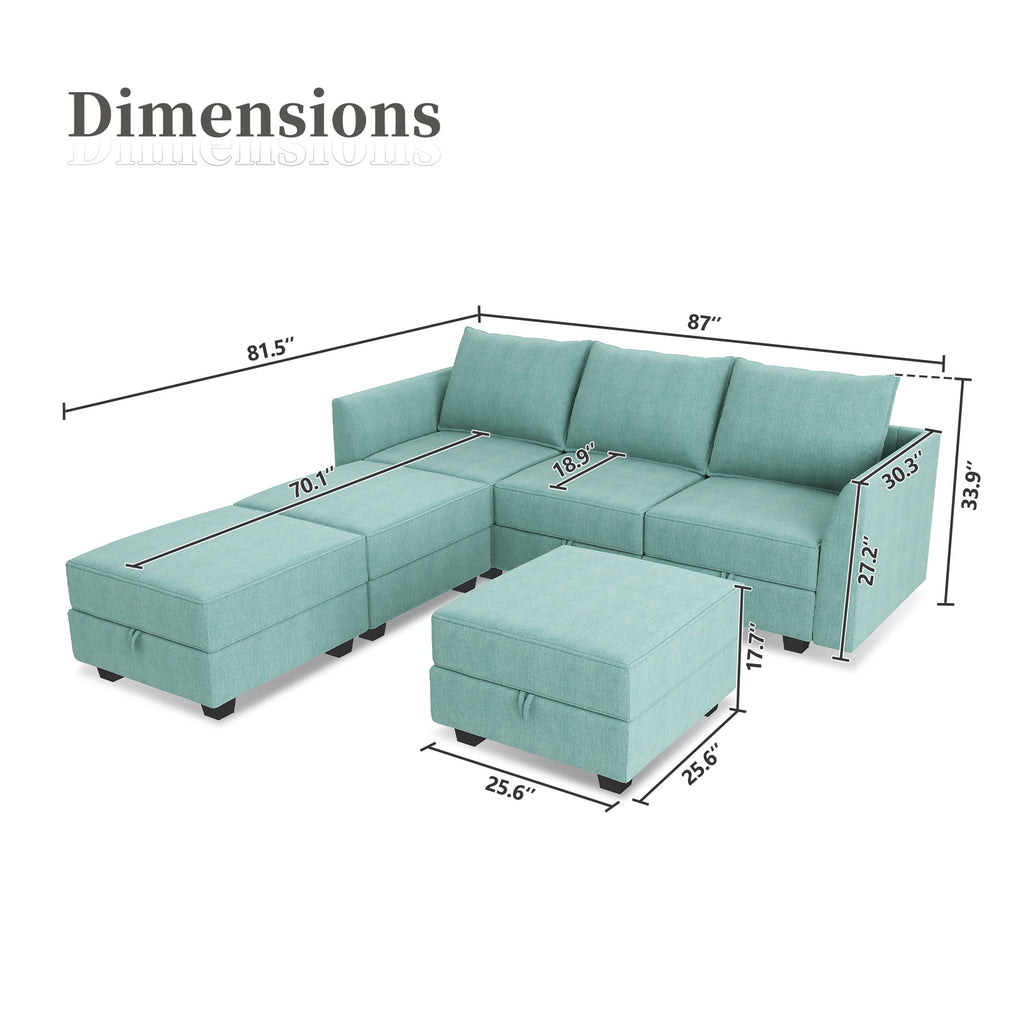 Aqua Blue Fabric 6 Pieces Sleeper Sectional Sofa Bed with Storage Ottomans X329