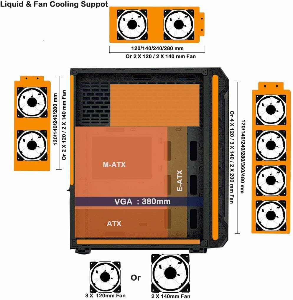 Full-Tower E-ATX Computer Gaming Case with 3-Sided Reinforced Glass, USB 3.0, 6 12cm Fans G5279