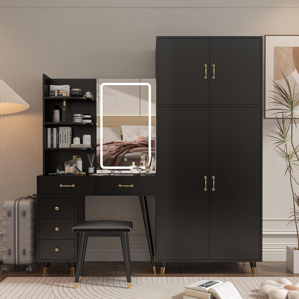 Black Vanity Desk with 4 Door Closet, Lights Mirror, Stool Set, Storage Cabinet 170 x 50 x 185CM M460819