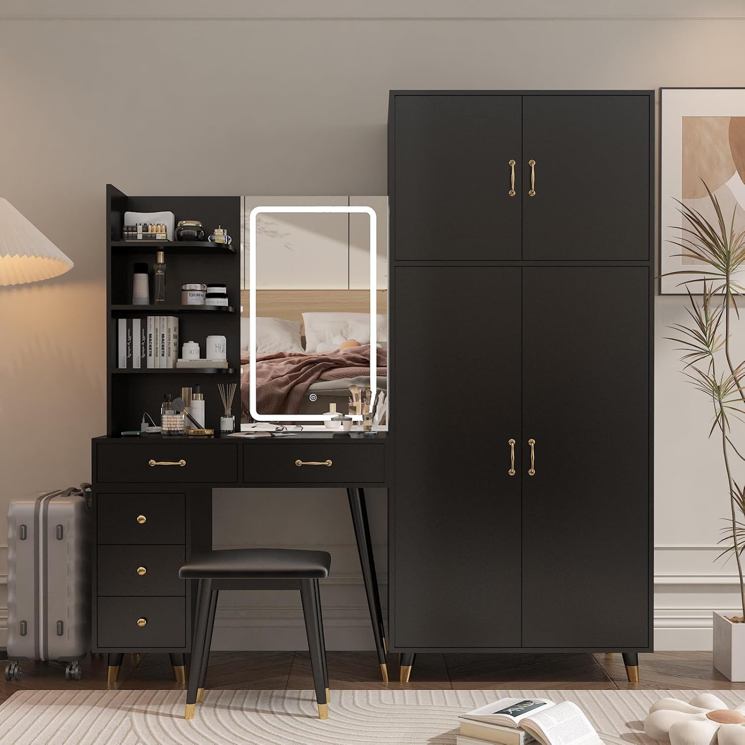 Black Vanity Desk with 4 Door Closet, Lights Mirror, Stool Set, Storage Cabinet 170 x 50 x 185CM M460819