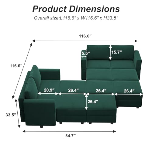 Oversized Velvet Blue Modular Sectional Sofa with Storage Ottomans G788