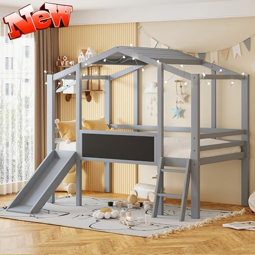 White Twin Low Loft Bed with Slide and Storage Shelves A880