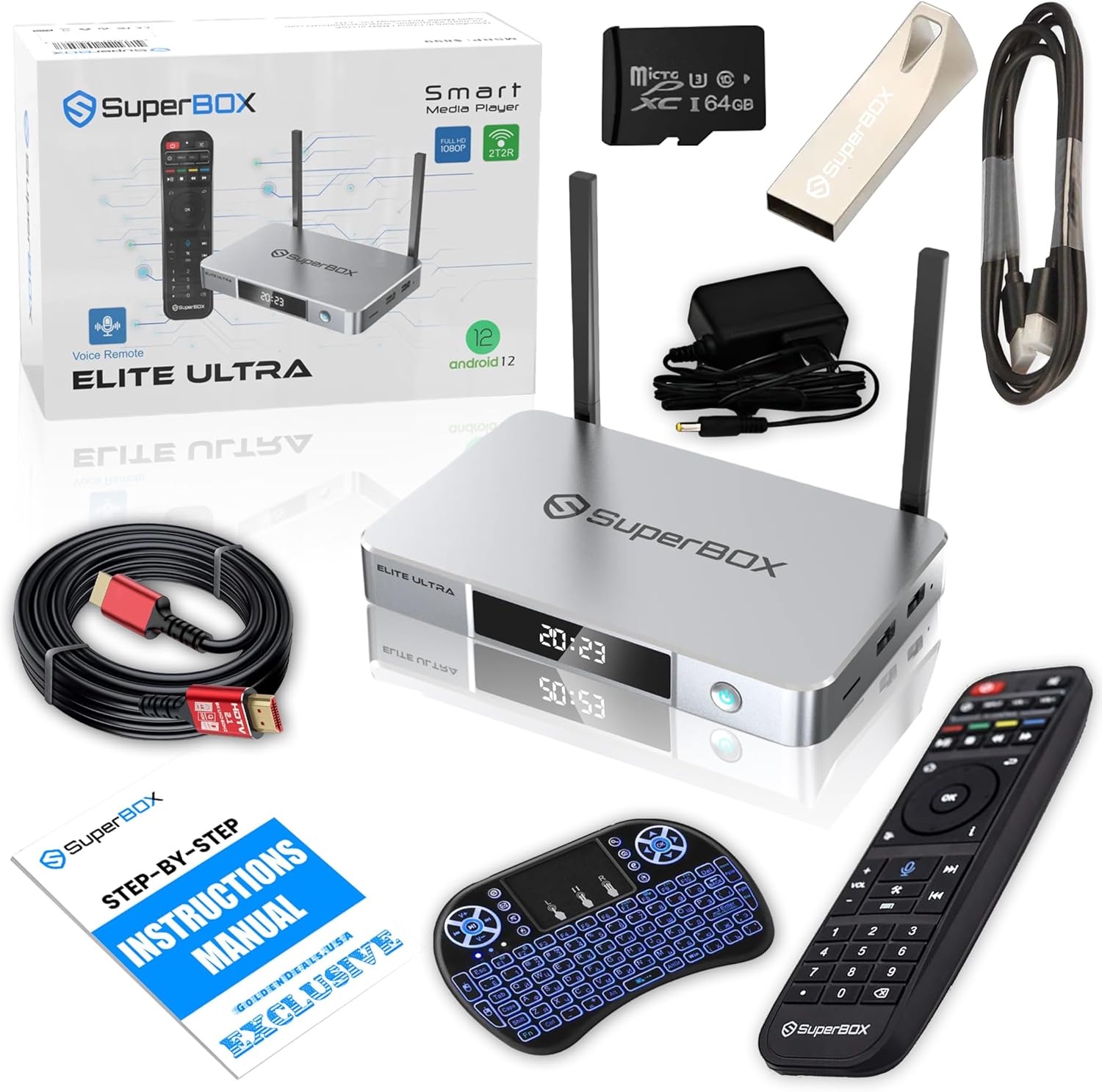 6K TV Box with 8K HDMI Cable, 64GB TF Card, 64GB USB Drive, Backlit Keyboard, Voice Remote, Android 12, 4GB RAM, 128GB Storage T3351