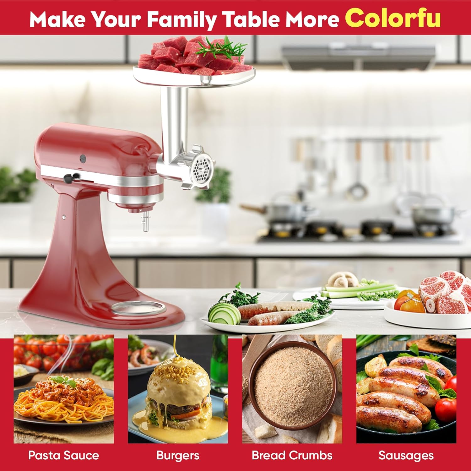 Meat Grinder Attachment for Kitchenaid Stand Mixers with 4 Grinding Plates, 3 Sausage Stuffer Tubes, 2 Grinding Blades B21340