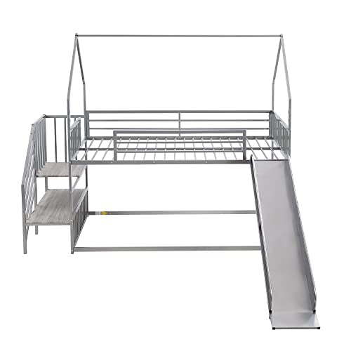 Twin Over Twin Metal Bunk Bed with Slide and Storage Staircase L768