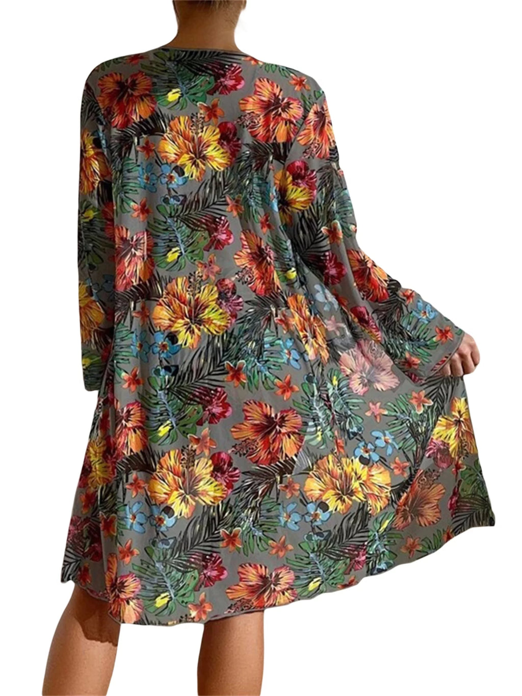 3 Pcs Floral Leaves Print Sling Padded Bra Thong Bottoms Long Sleeve Open Front Cover-Ups Bikini A96155