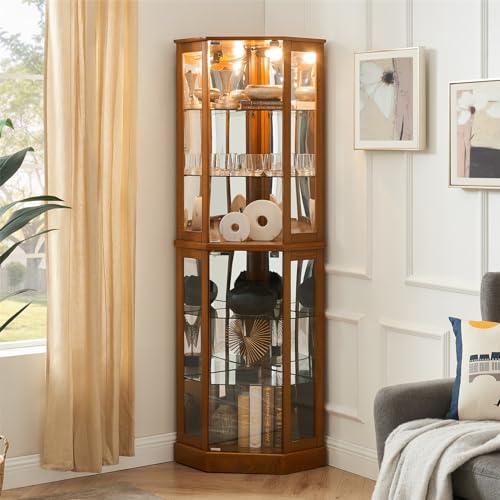 Lighted Corner Display Curio Cabinet 6-Shelf Wooden Display Cabinet with Adjustable Shelves 72" Tall Glass Shelving Unit Walnut W360164