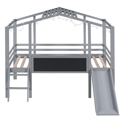 White Twin Low Loft Bed with Slide and Storage Shelves A880
