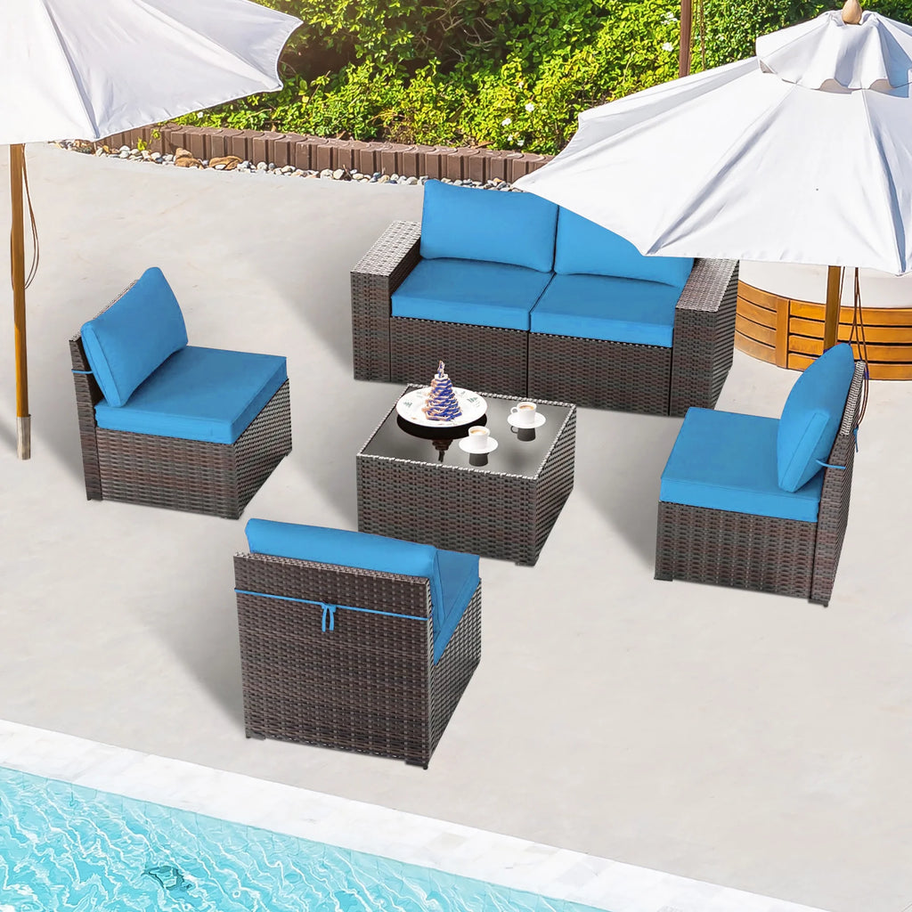 6 Pieces Patio Outdoor Wicker Sectional Sofa with Blue Cushions and Black-Glass Table L11497