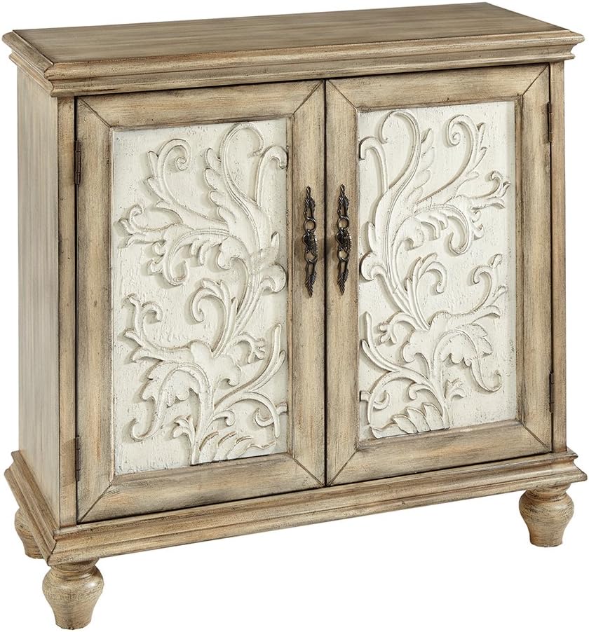 Natural Wood Finish Floral Carved 2-Door Accent Cabinet with Adjustable Shelf Q631