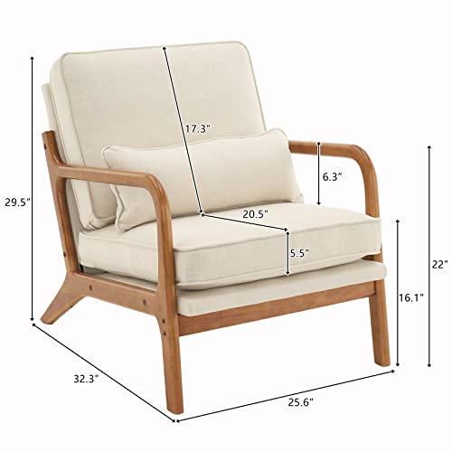 Linen White Accent Chair with Pillow Solid Wood Frame I626