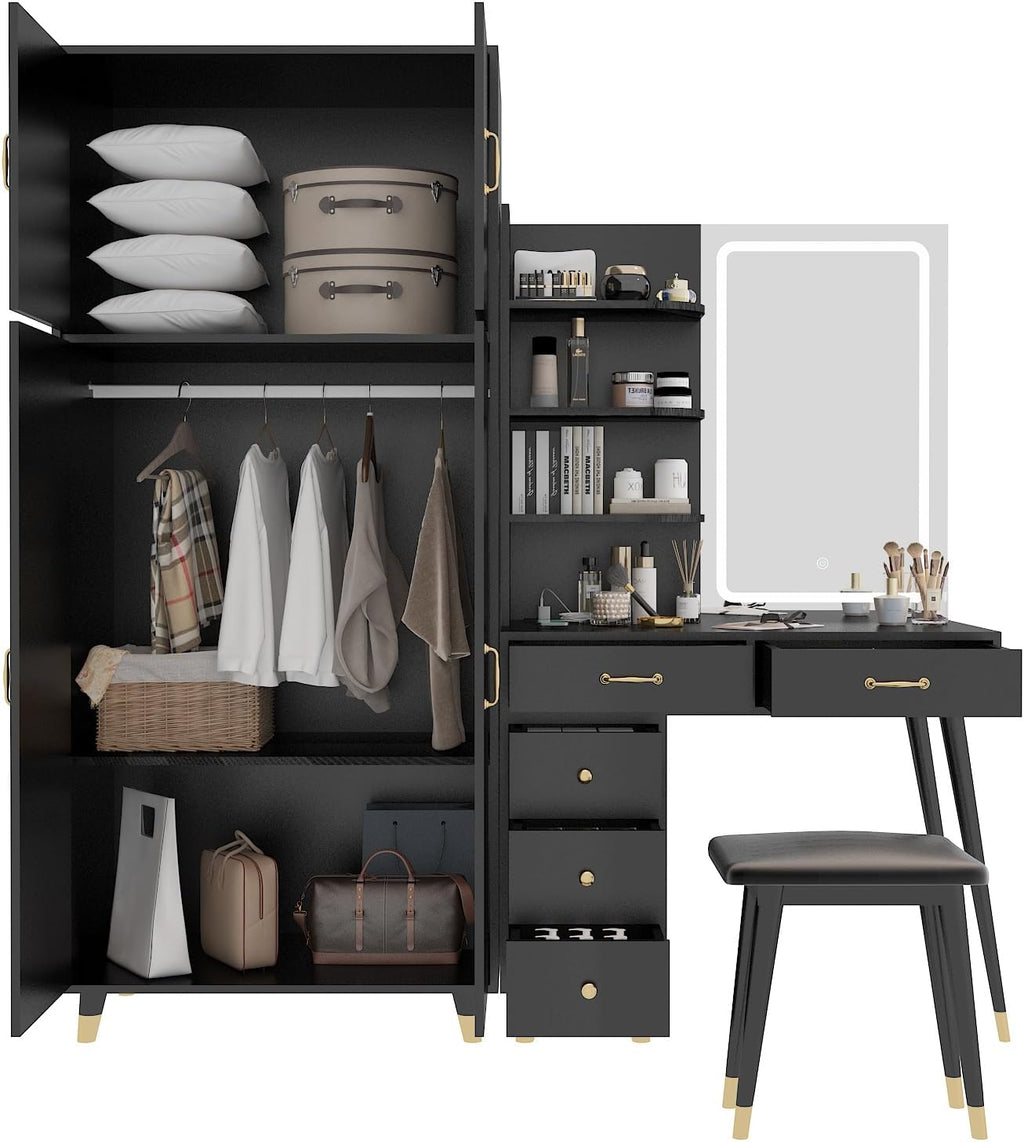 Black Vanity Desk with 4 Door Closet, Lights Mirror, Stool Set, Storage Cabinet 170 x 50 x 185CM M460819