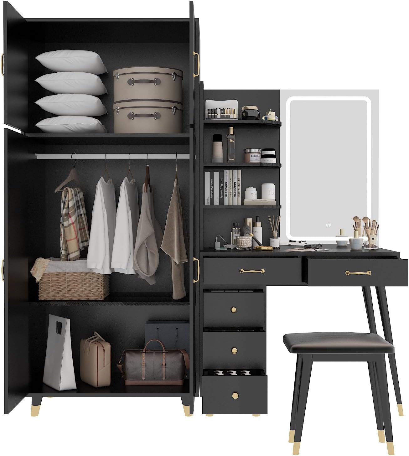 Black Vanity Desk with 4 Door Closet, Lights Mirror, Stool Set, Storage Cabinet 170 x 50 x 185CM M460819