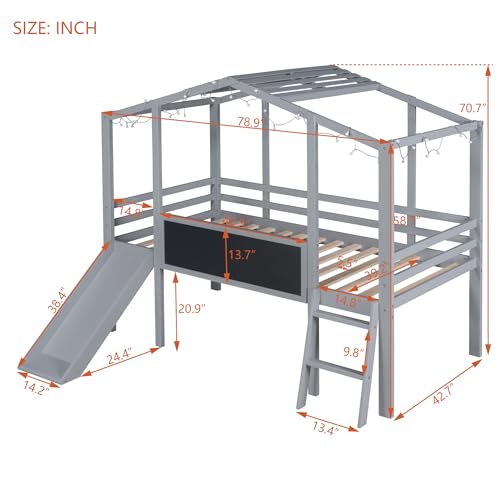 White Twin Low Loft Bed with Slide and Storage Shelves A880