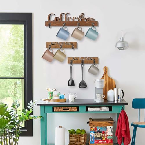 3 Pack Wall Mounted Wooden Coffee Mug Shelf with 10 Hooks J15873