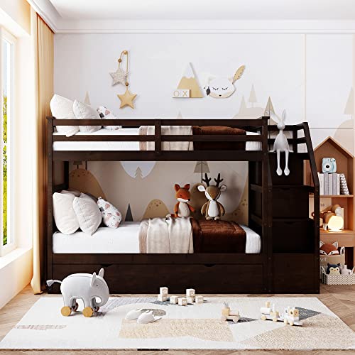 Twin-Over-Twin Wood Bunk Bed with Trundle and Storage Stairs (White) Y46337