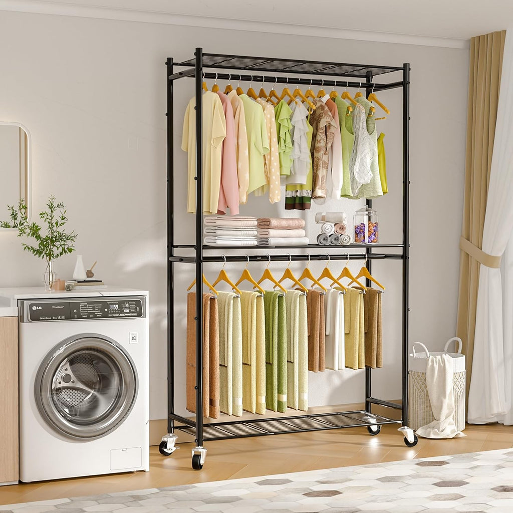 Heavy Duty Metal Rolling Clothes Rack with Double Rods & 3 Wire Shelves X99438