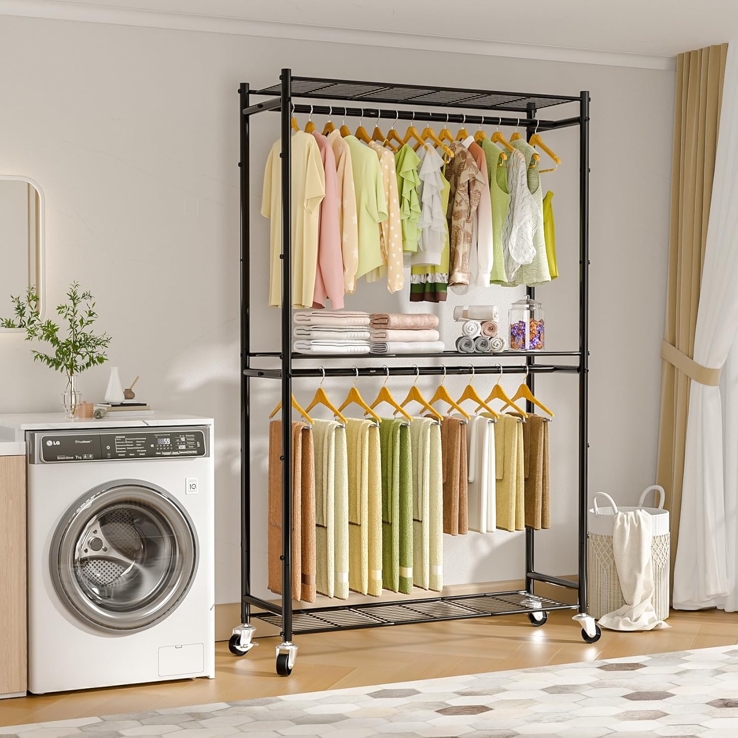 Heavy Duty Metal Rolling Clothes Rack with Double Rods & 3 Wire Shelves X99438