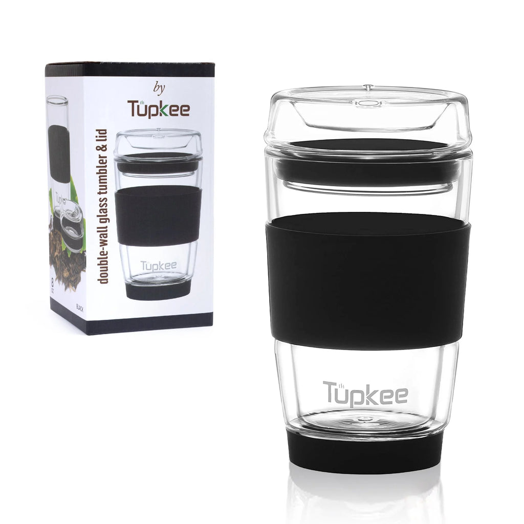 Black 8-Ounce Double Wall Glass Tumbler with Lid C35106