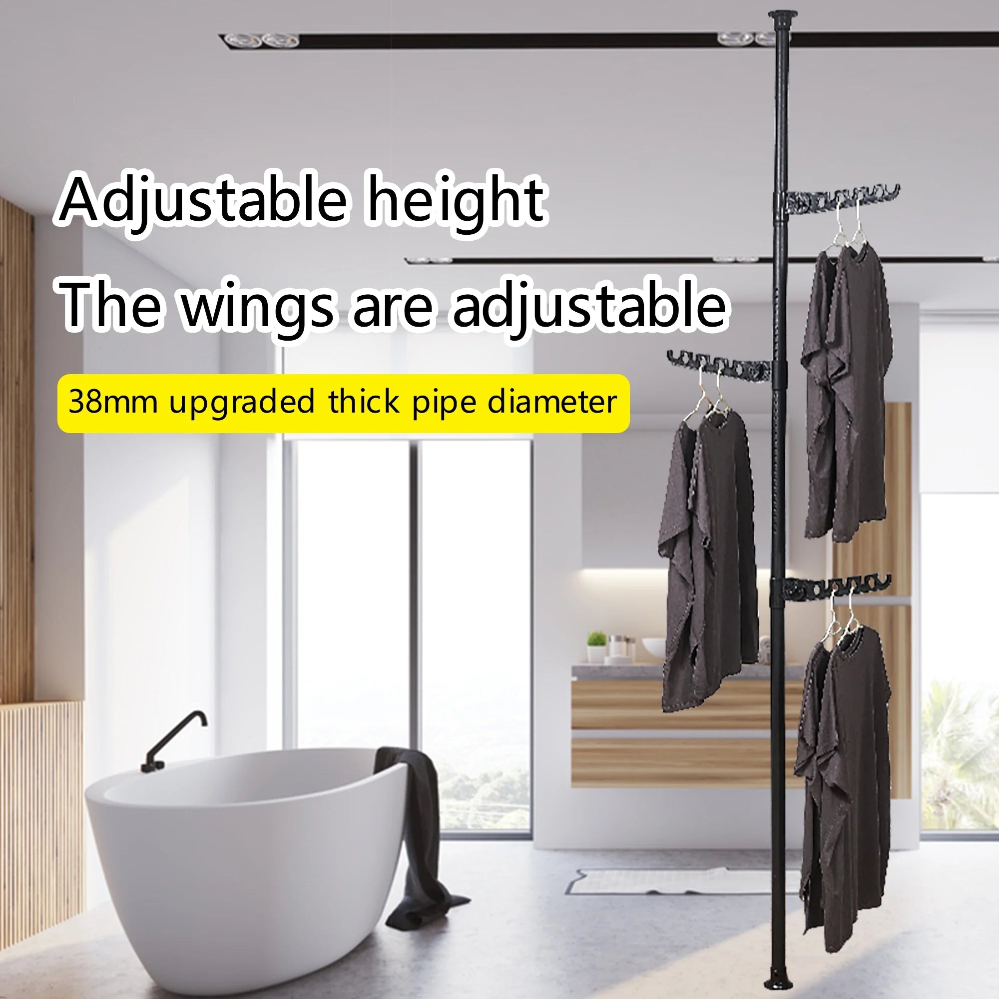 Black Adjustable Floor to Ceiling Tension Clothes Drying Rack A630239