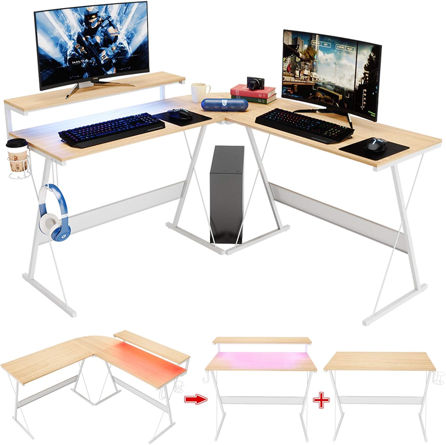55 inch L-Shaped RGB Gaming Computer Desk with Large Elevated Ergonomic Shelf Carbon Black R5077