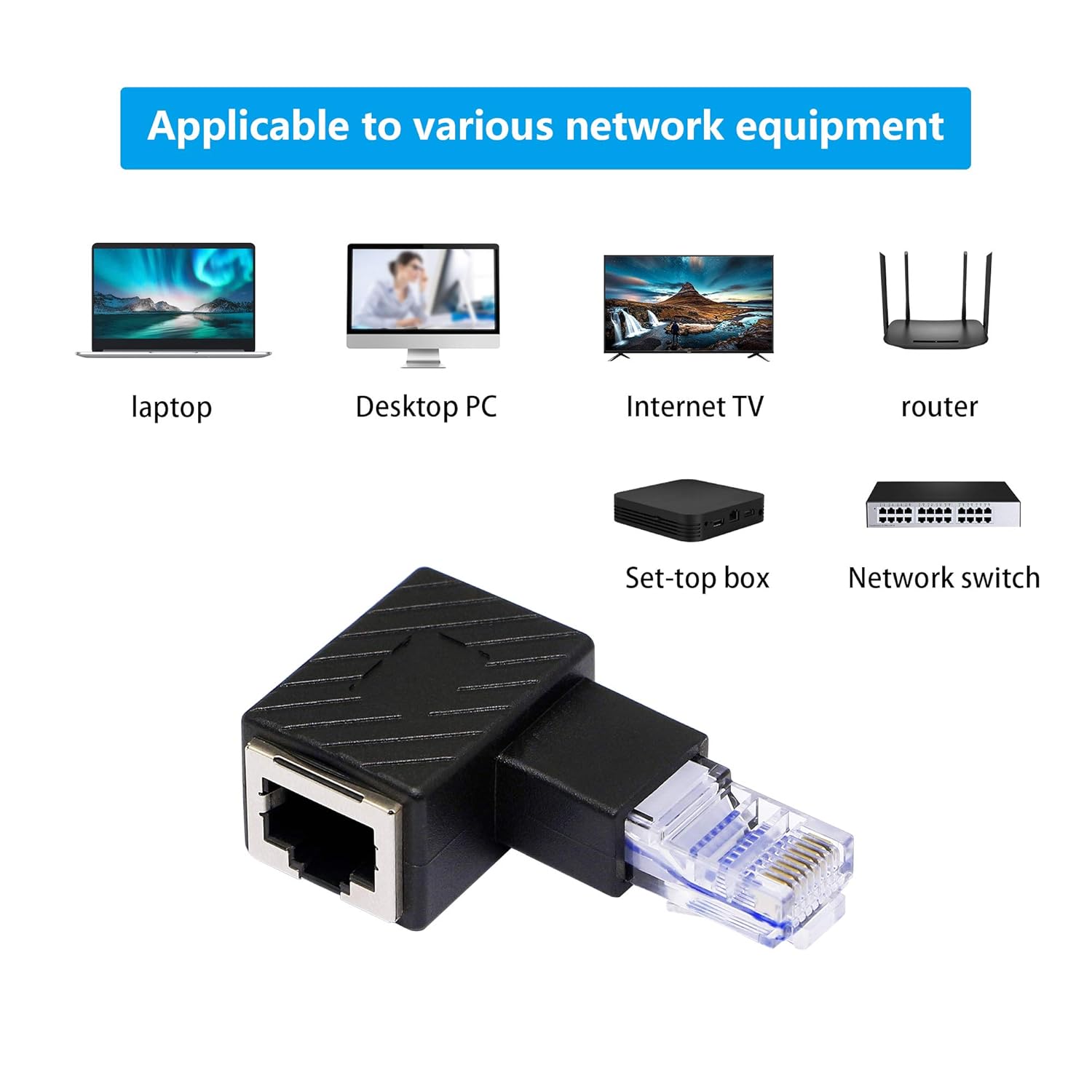 Right Angle Ethernet Adapter 90 Degree RJ45 Male to Female Cat6 LAN Network Connector 2-Pack Black I249093