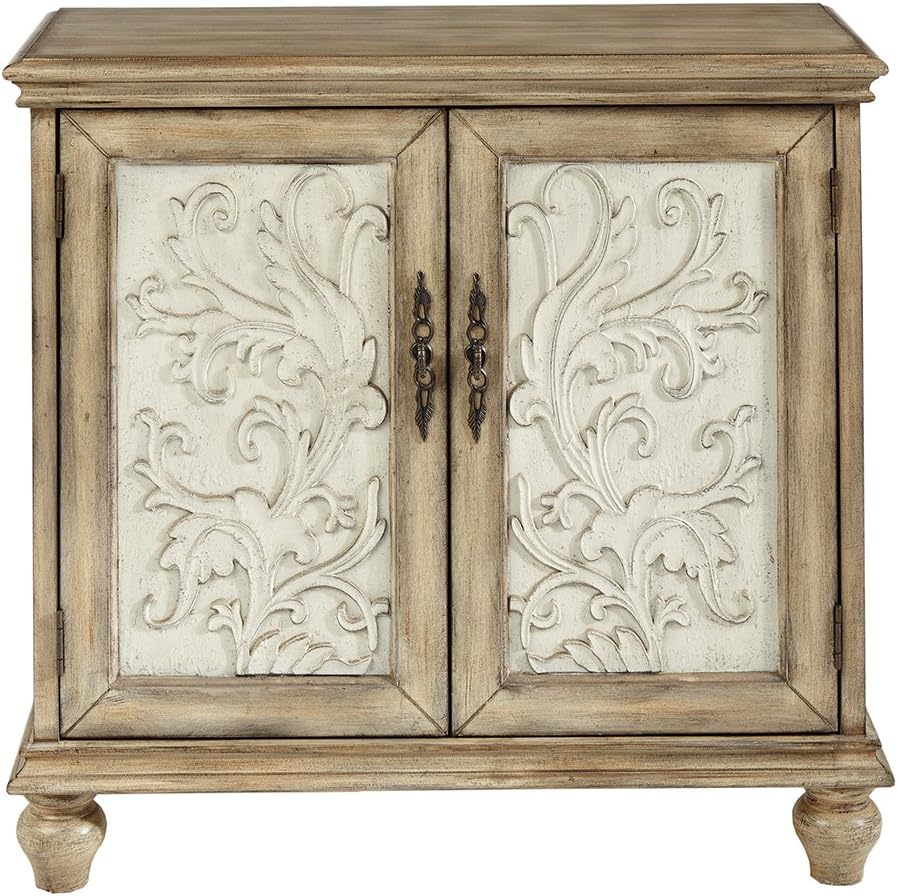 Natural Wood Finish Floral Carved 2-Door Accent Cabinet with Adjustable Shelf Q631