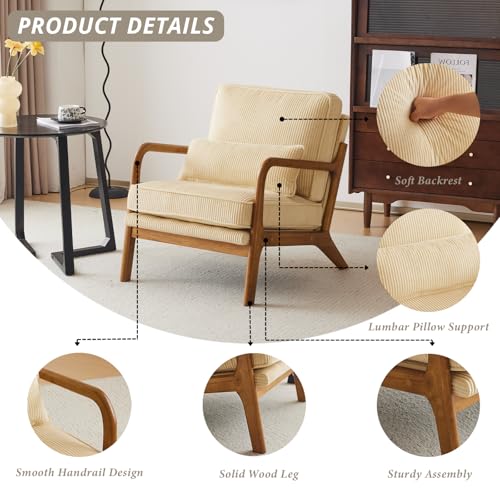 Linen White Accent Chair with Pillow Solid Wood Frame I626
