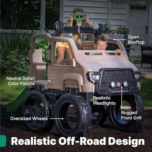 Safari Truck Climber Playset with Slide, Climbing Wall, Steering Wheel, and Binoculars, Brown B237763