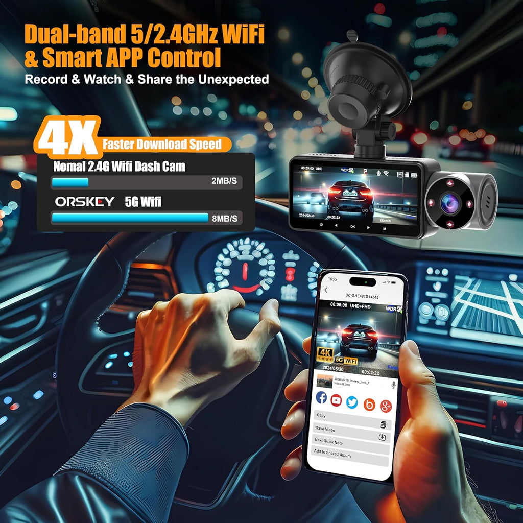 64GB Card 4K Dash Cam Front Rear Inside with GPS D5308