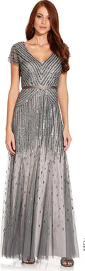 Beaded V-Neck Gown, Pewter Silver, Size: 12 I233