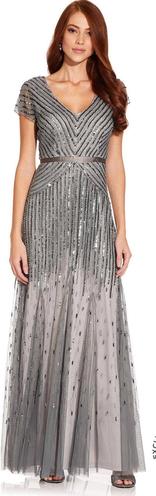 Beaded V-Neck Gown, Pewter Silver, Size: 12 I233