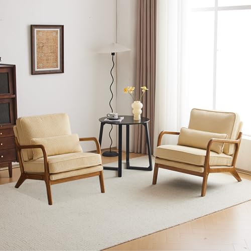 Linen White Accent Chair with Pillow Solid Wood Frame I626