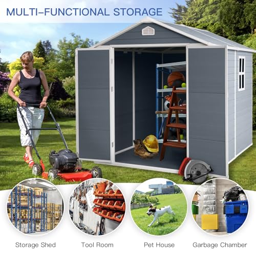 Grey Resin Outdoor Storage Shed with Door & Lock Q53650