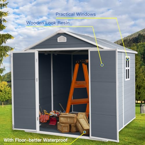 Grey Resin Outdoor Storage Shed with Door & Lock Q53650