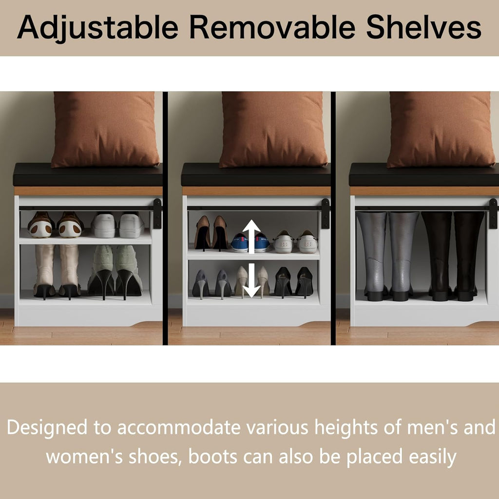 Shoe Storage Bench with Padded Seat Cushion and Sliding Barn Doors Q725
