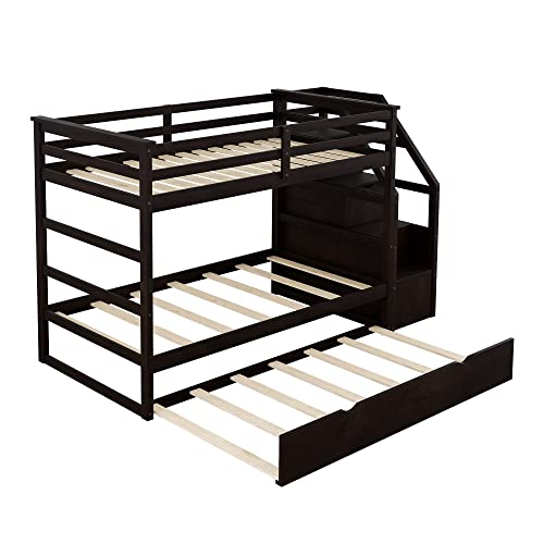 Twin-Over-Twin Wood Bunk Bed with Trundle and Storage Stairs (White) Y46337