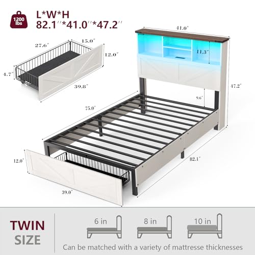 Antique White Twin Bed Frame with Bookshelf and Storage Drawers W364