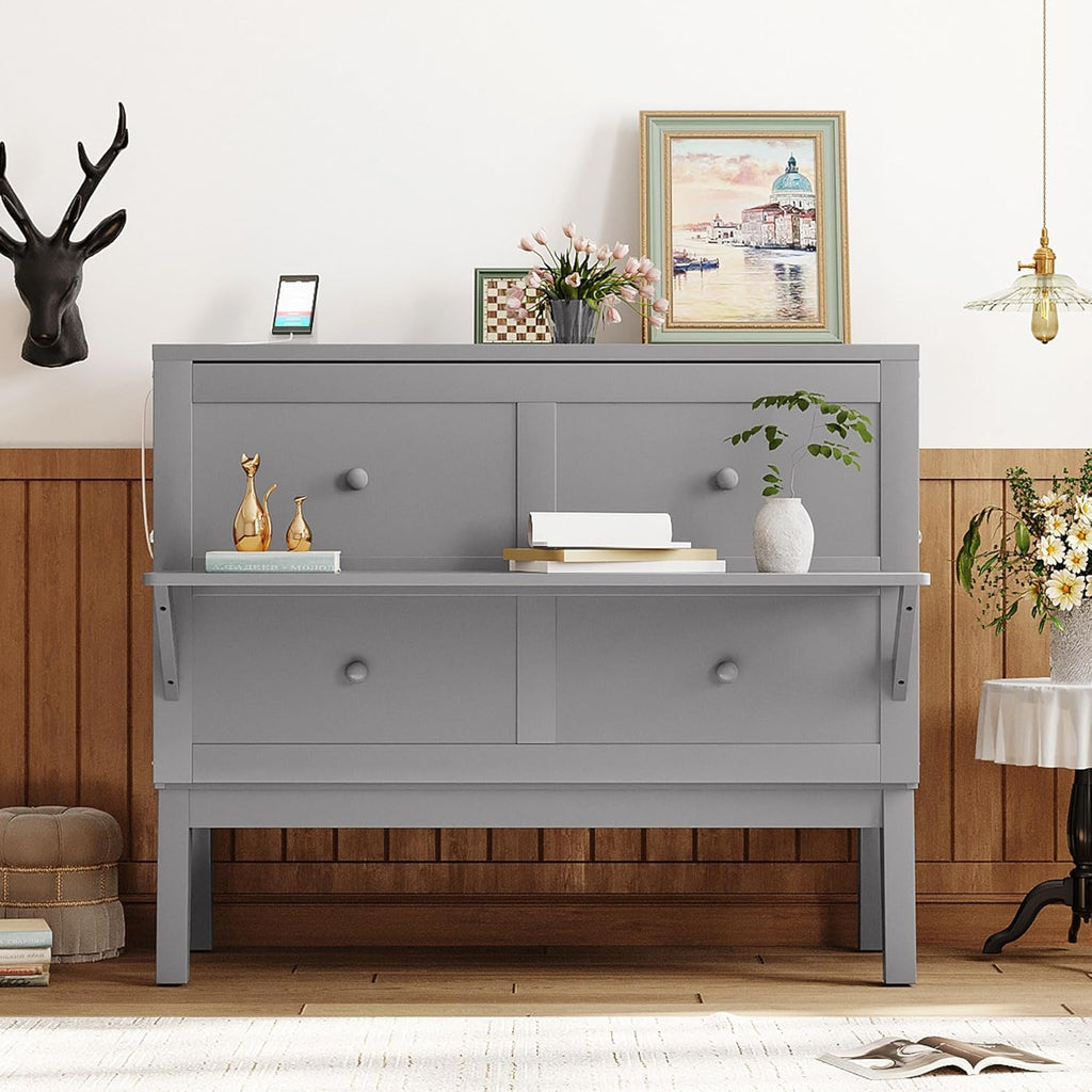 Gray Full Size Murphy Wall Bed with Cabinet J8399
