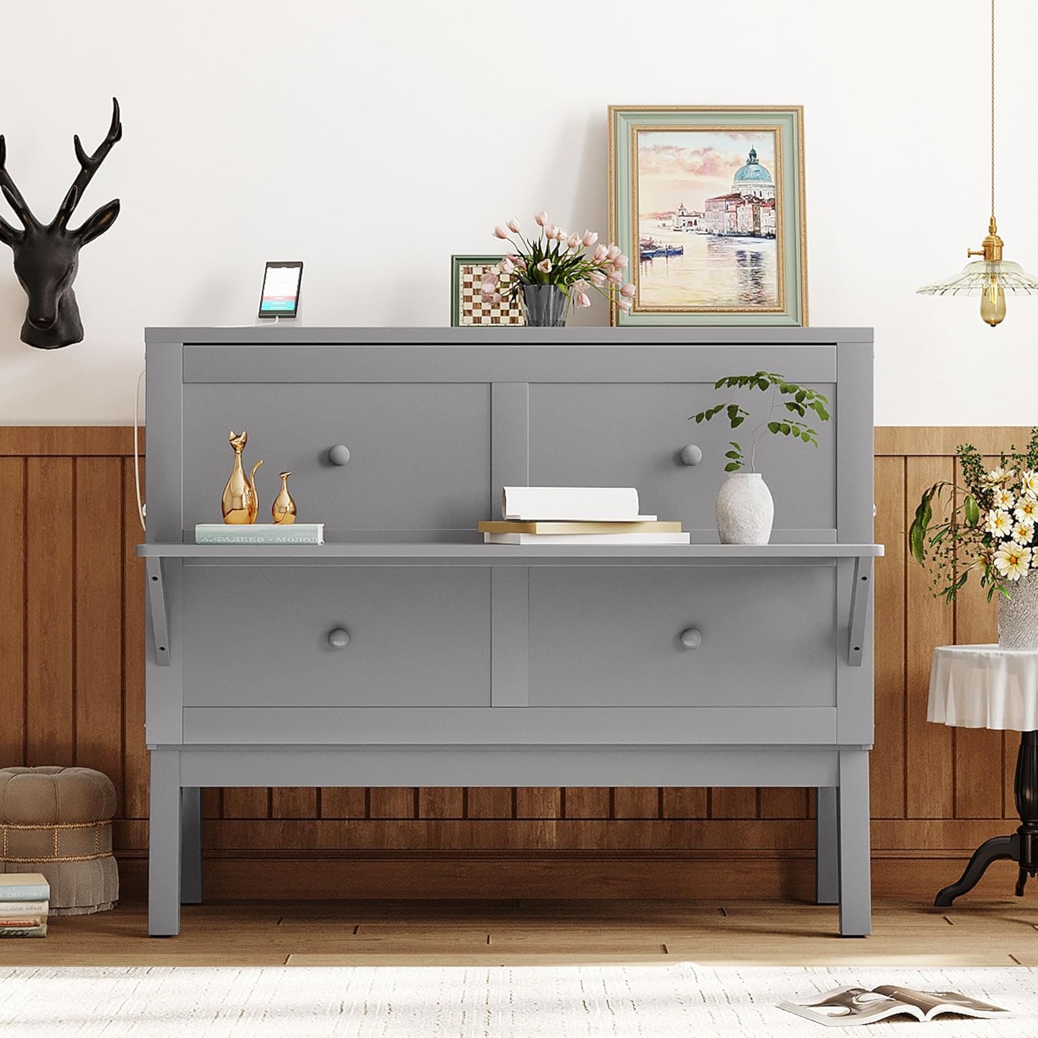 Gray Full Size Murphy Wall Bed with Cabinet J8399