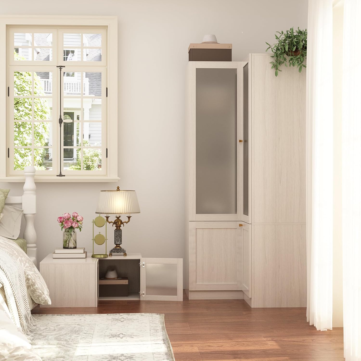 L-Shape Armoire Wardrobe Closet with Frosted Glass Doors, Wooden Storage Cabinet, Warm Grey T792895
