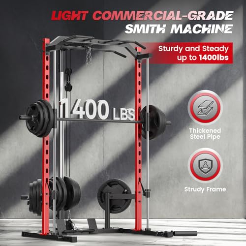 Smith Machine with LAT-Pull Down, Power Cage with Cable Crossover, Squat Rack with Landmine, Barbell Bar, Plate Storage Pegs J671420